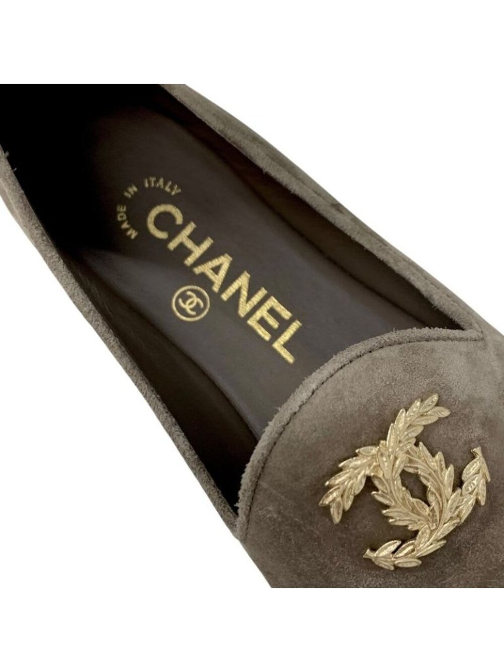 Chanel Flat Shoes Suede Gray Black Gold Coco Mark Loafers - Picture 7 of 10